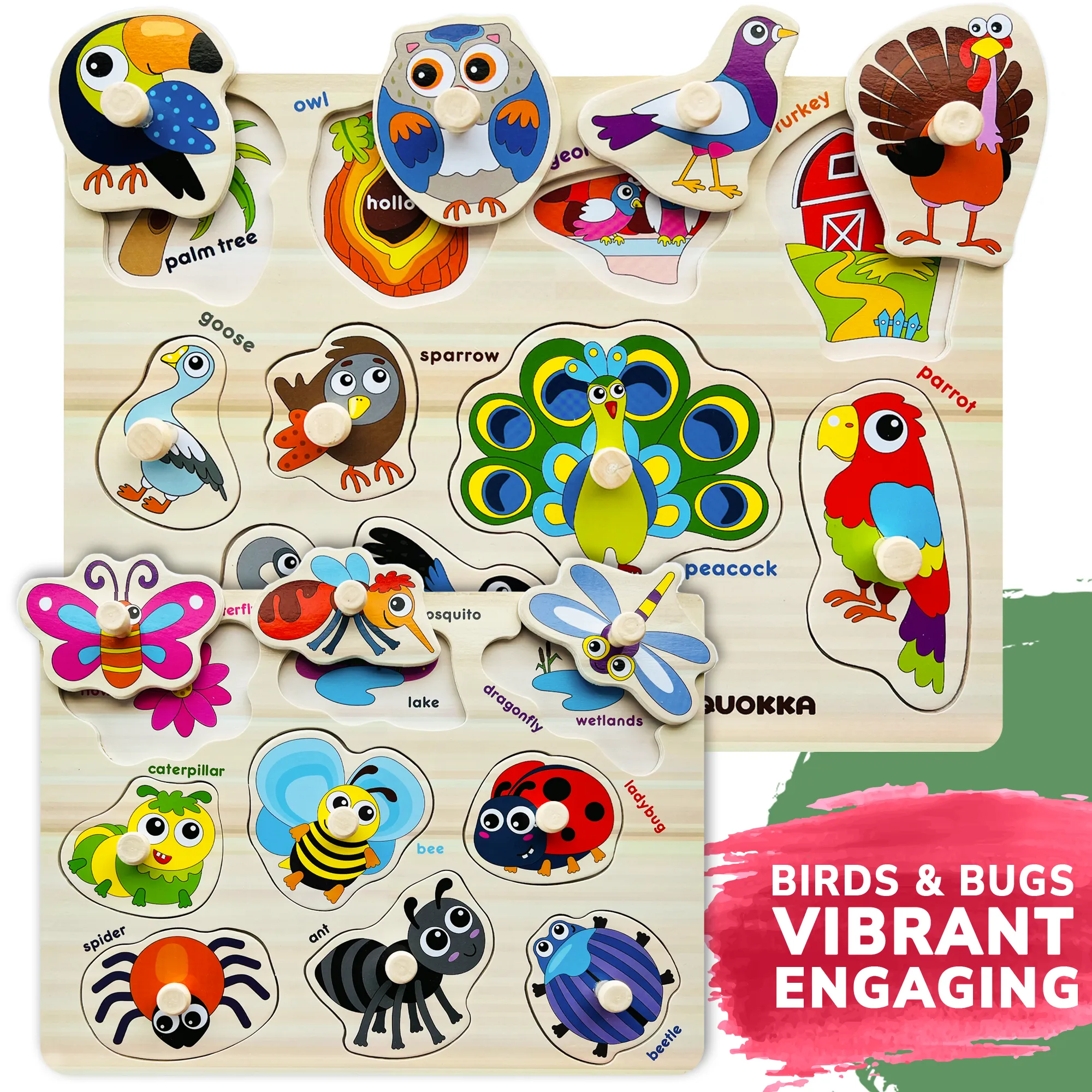 6 Pack with Rack Wooden Puzzles for Toddlers | Alphabet, Numbers and Animals