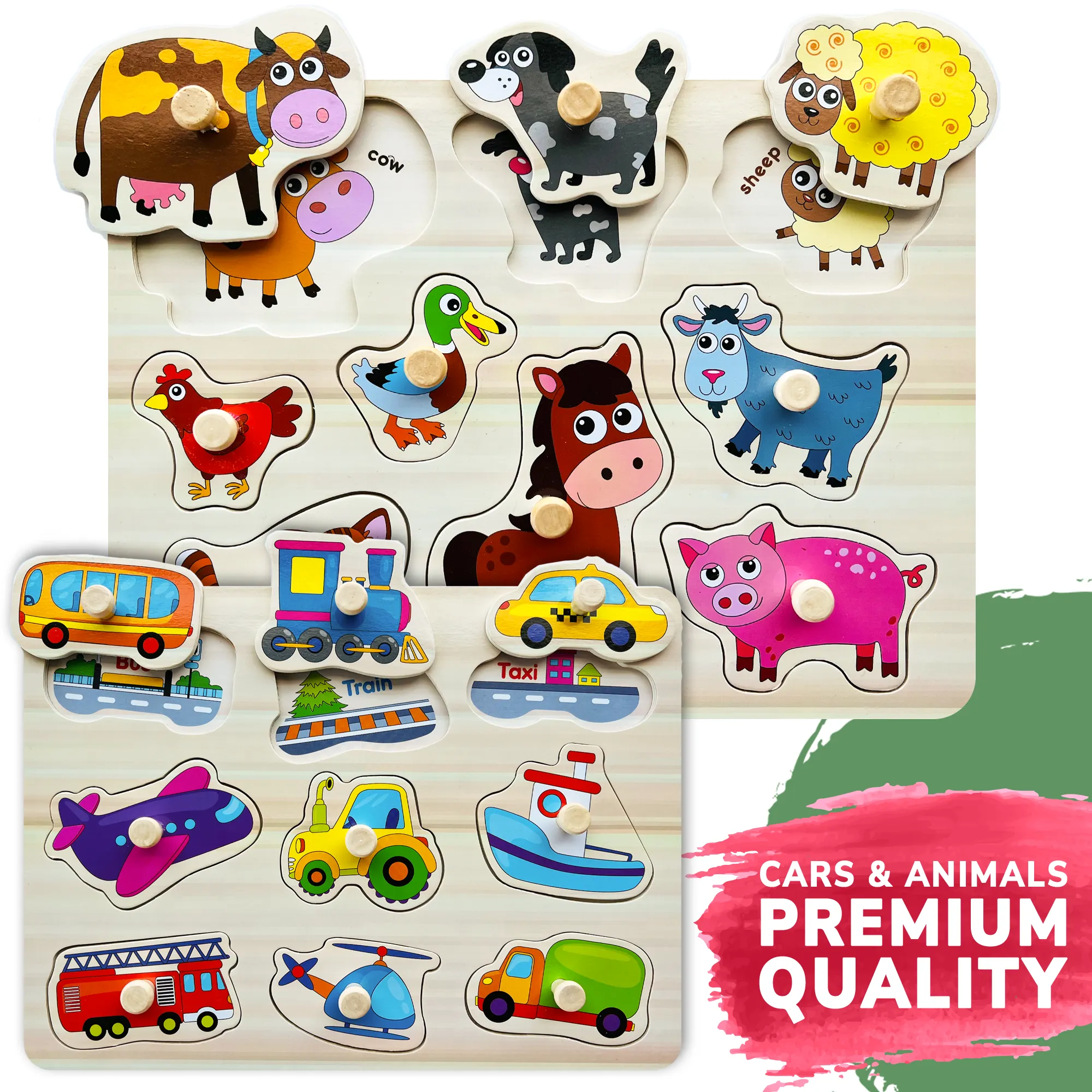 6 Pack with Rack Wooden Puzzles for Toddlers | Alphabet, Numbers and Animals