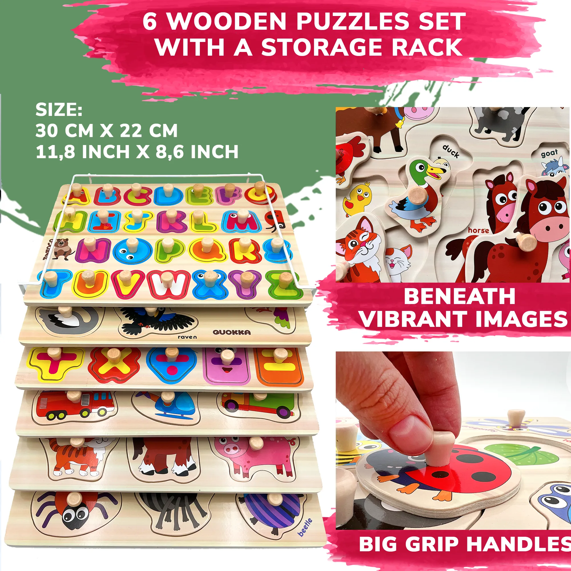 6 Pack with Rack Wooden Puzzles for Toddlers | Alphabet, Numbers and Animals