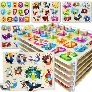 6 Pack with Rack Wooden Puzzles for Toddlers | Alphabet, Numbers and Animals