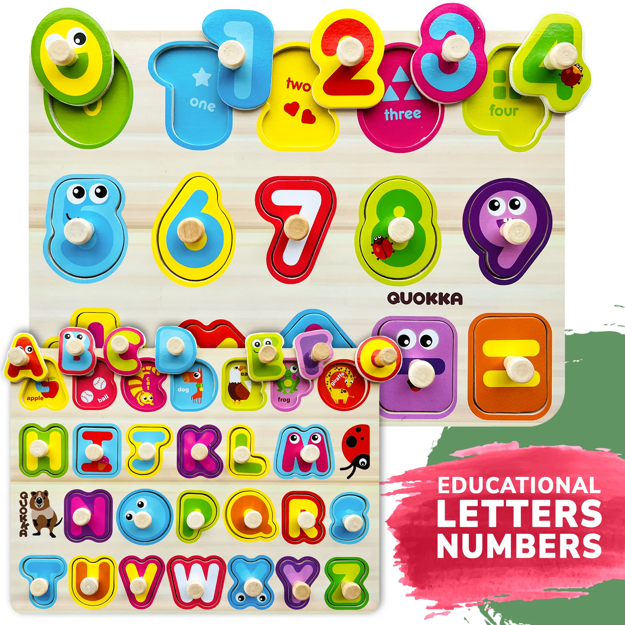 6 Pack with Rack Wooden Puzzles for Toddlers | Alphabet, Numbers and Animals