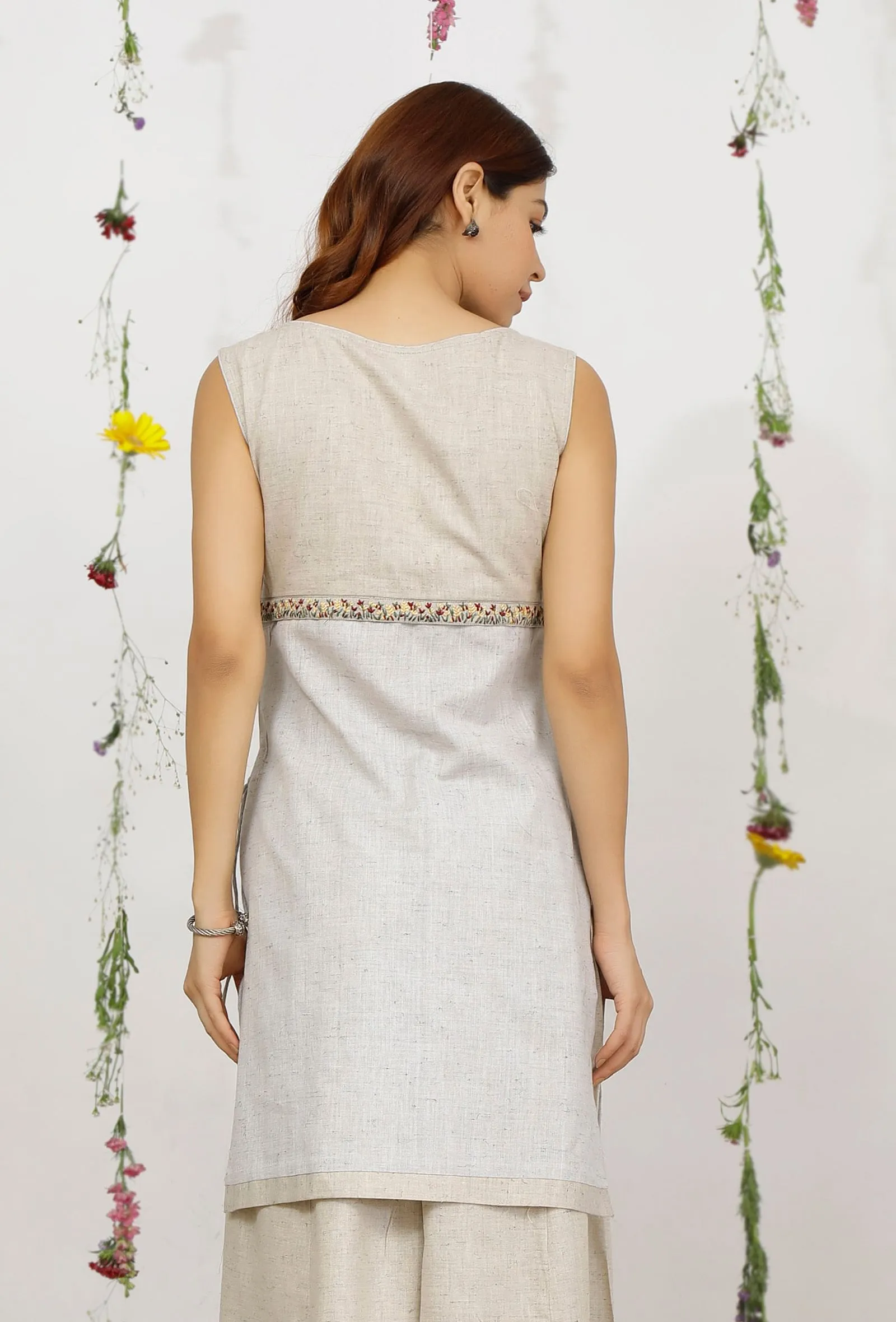 Beige and Grey Straight Short Cotton Khaadi Kurta