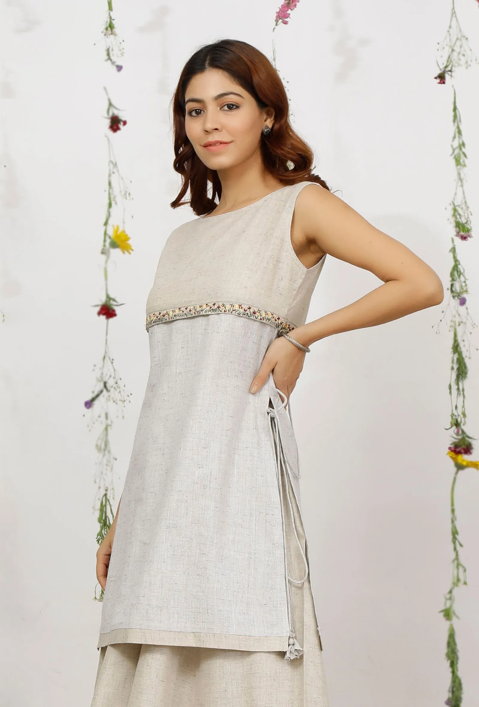 Beige and Grey Straight Short Cotton Khaadi Kurta