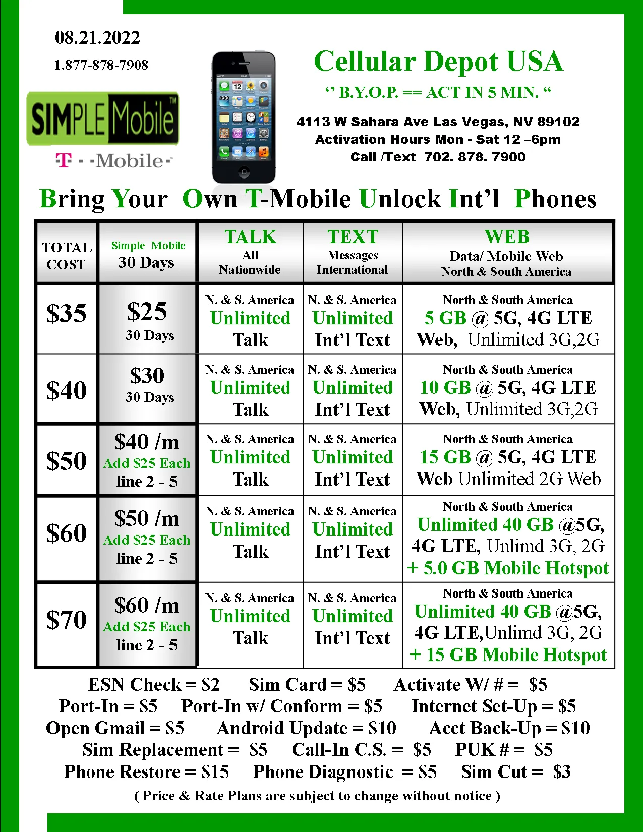 BYOP = Simple Mobile $50 Unlimited Talk, Text, Int'l Text & Data   5gb hotspot   Intl Talk   Sim Card  New Number