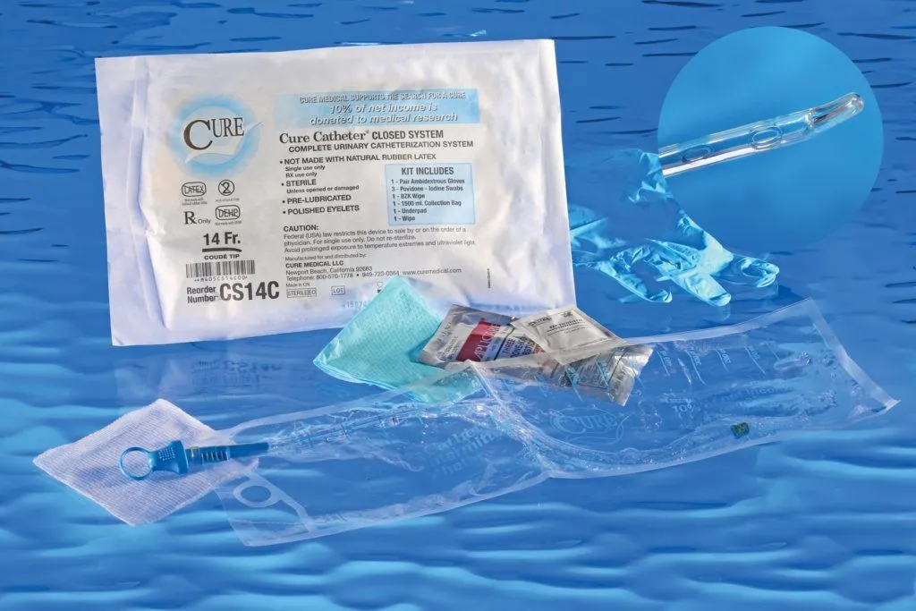 Cure Catheter Closed System With 1500mL Integrated Collection Bag, Singles and Kits