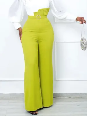 Elegant High Waist Dressy Pearl Buckle Peplum Wide Leg Trousers