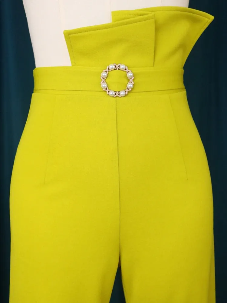 Elegant High Waist Dressy Pearl Buckle Peplum Wide Leg Trousers