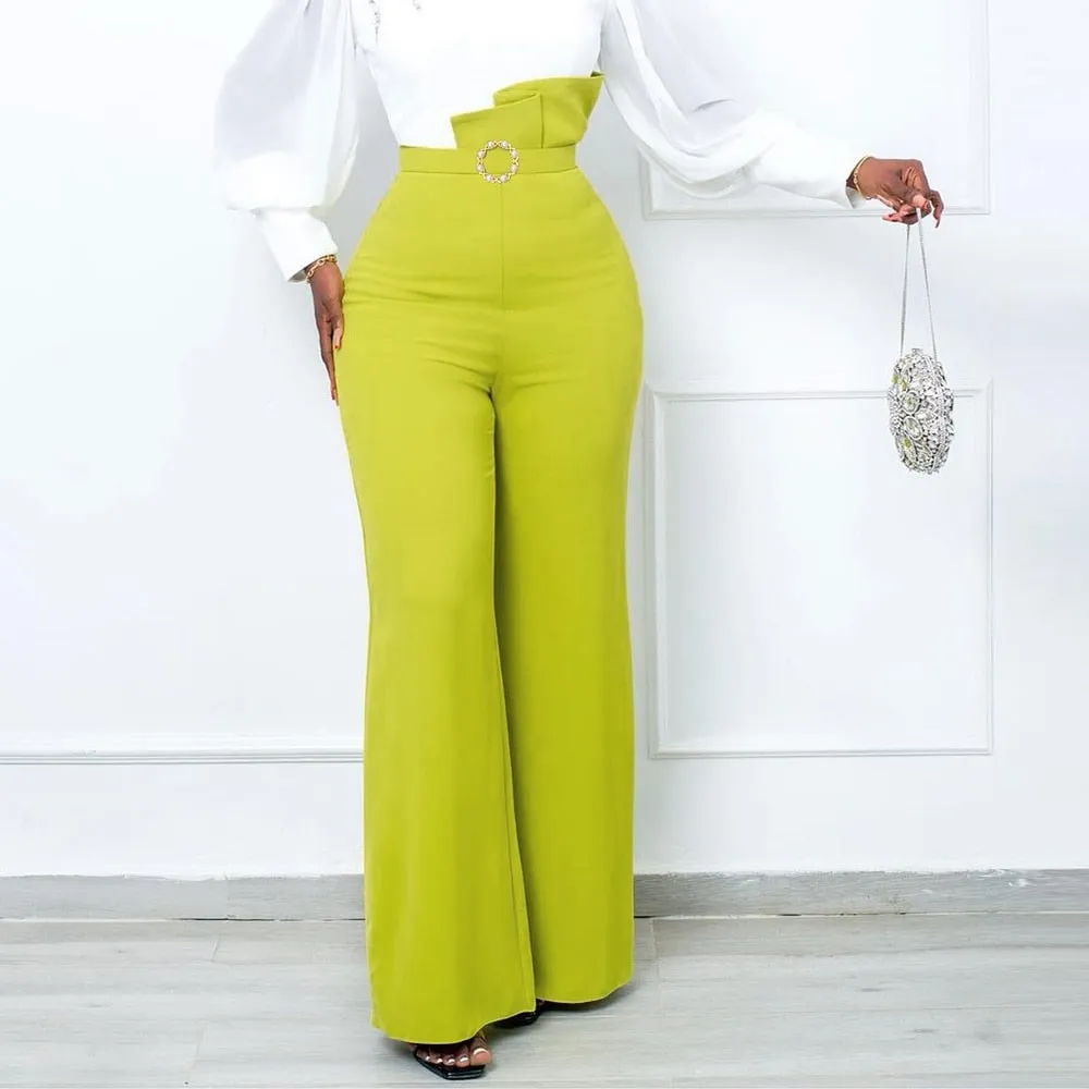 Elegant High Waist Dressy Pearl Buckle Peplum Wide Leg Trousers