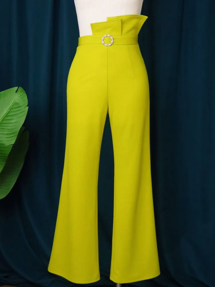 Elegant High Waist Dressy Pearl Buckle Peplum Wide Leg Trousers
