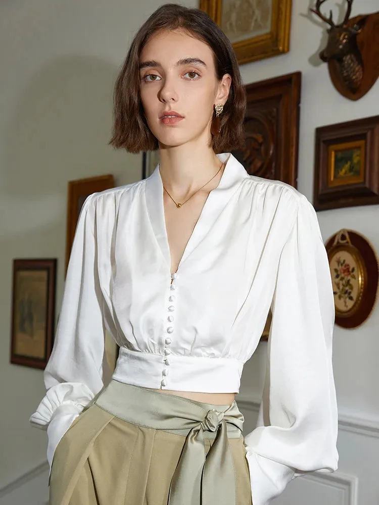 Elegant White Shirt For Women V Neck Long Sleeve Solid Minimalist Blouses Female Autumn Clothing Style Fashion