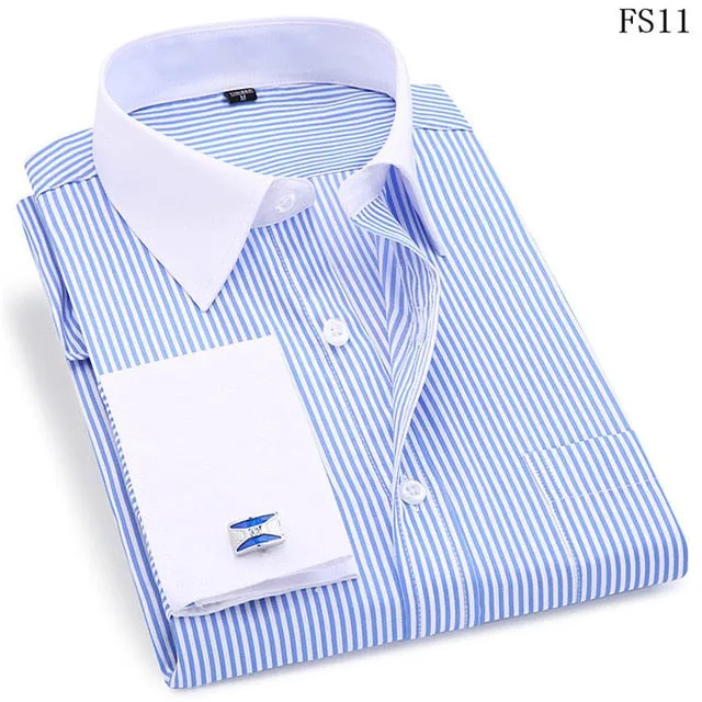 French Cufflinks  Long Sleeve Casual Slim Fit French Cuff Dress Shirts For Men
