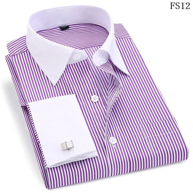 French Cufflinks  Long Sleeve Casual Slim Fit French Cuff Dress Shirts For Men