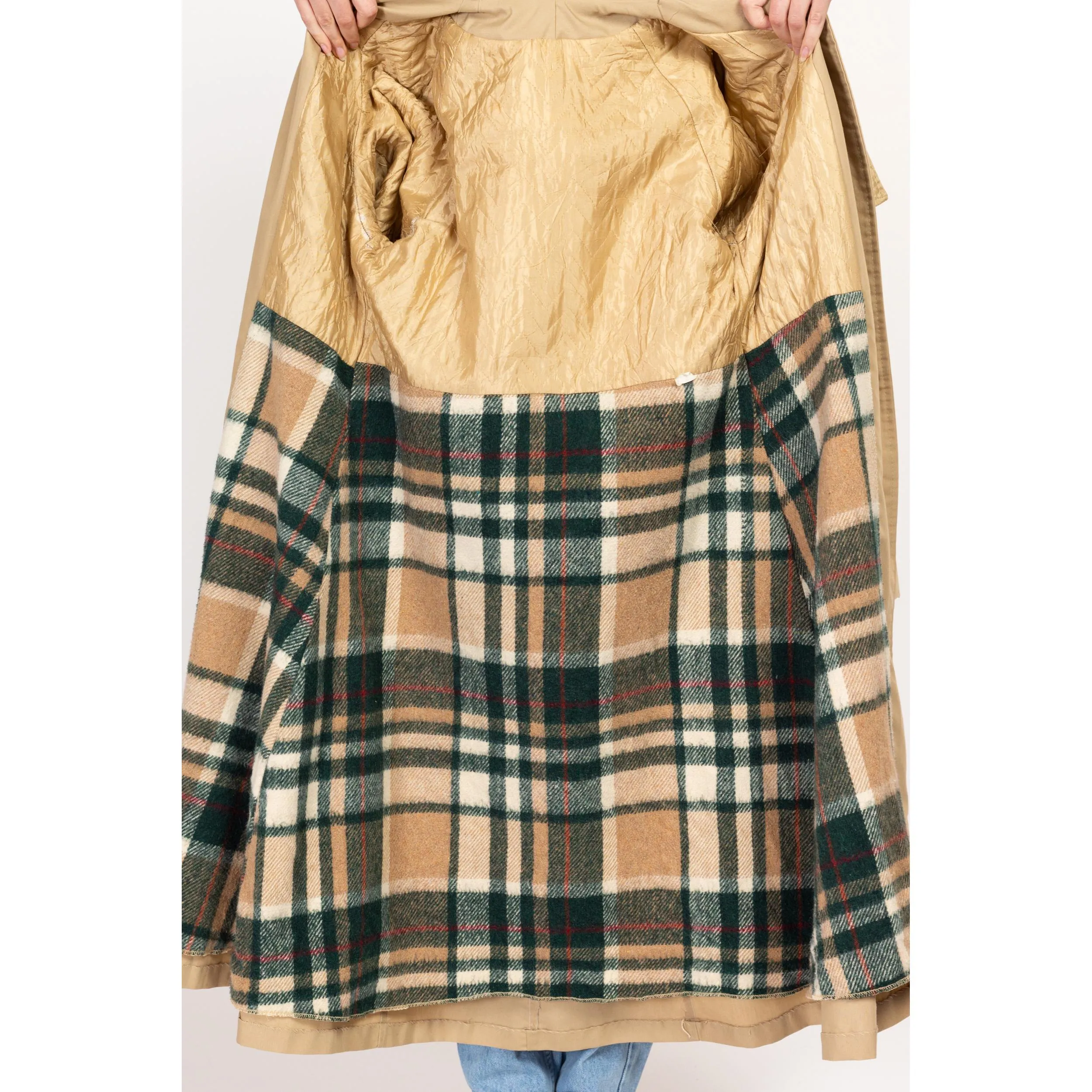 Medium 70s Khaki Belted Plaid Lined Trench Coat