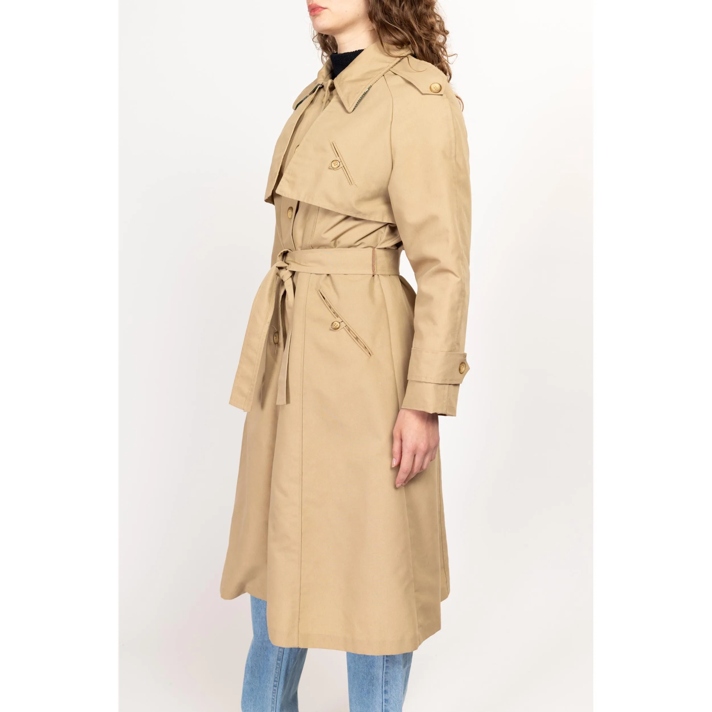 Medium 70s Khaki Belted Plaid Lined Trench Coat