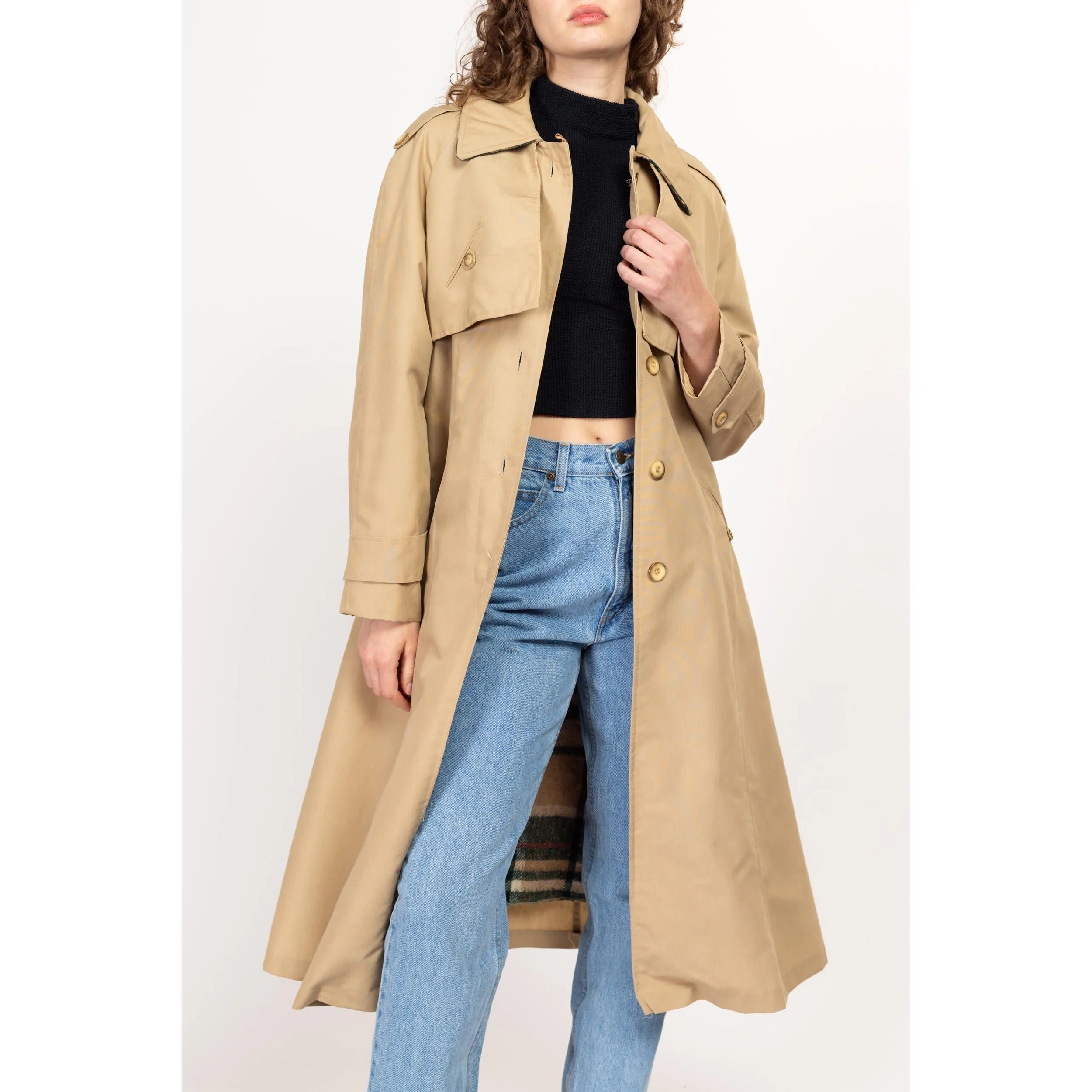 Medium 70s Khaki Belted Plaid Lined Trench Coat