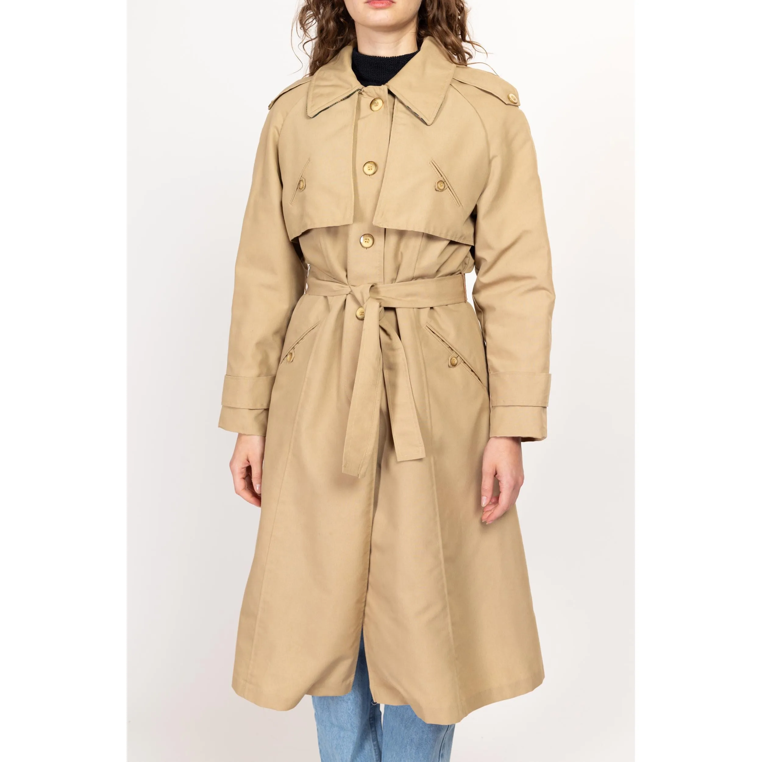 Medium 70s Khaki Belted Plaid Lined Trench Coat