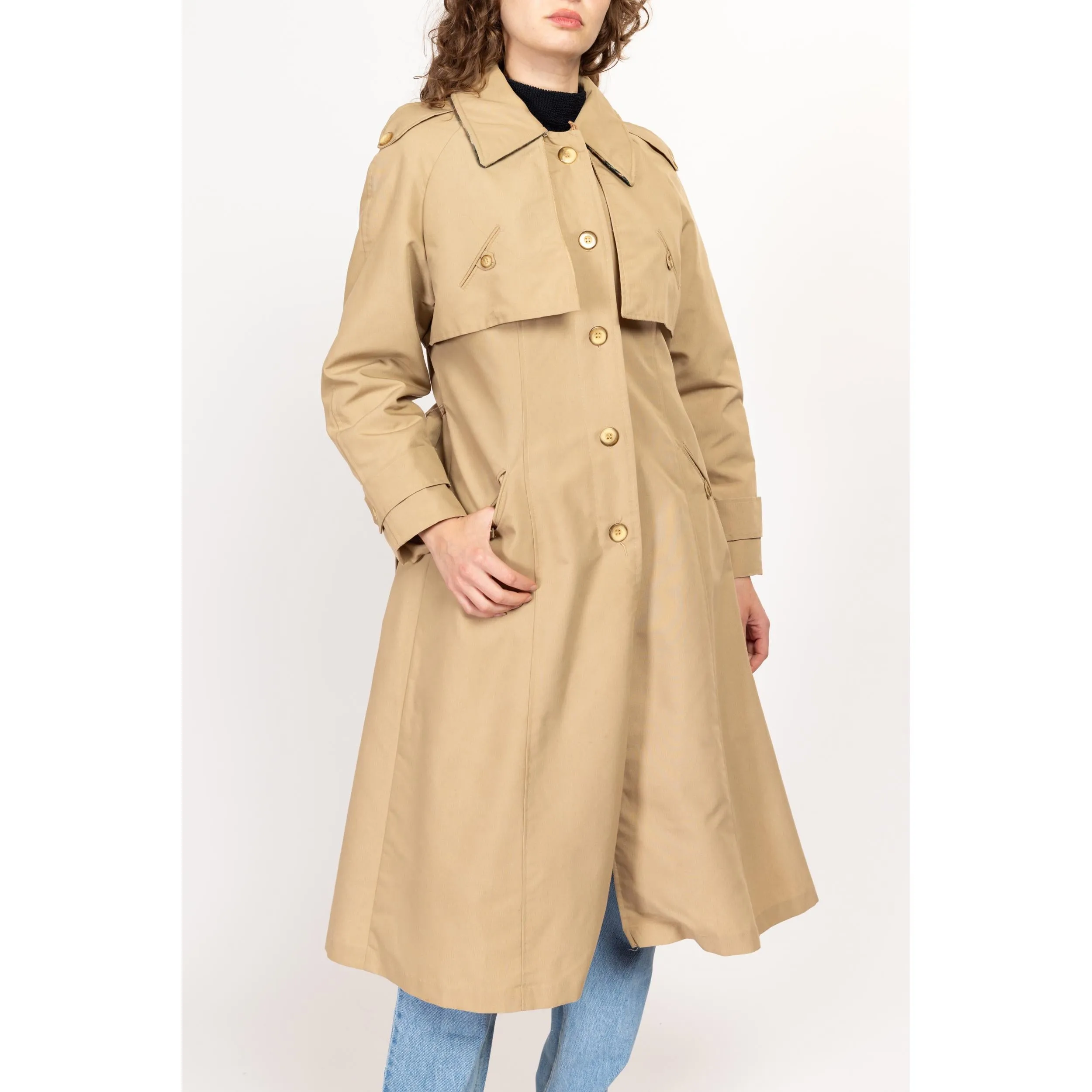 Medium 70s Khaki Belted Plaid Lined Trench Coat