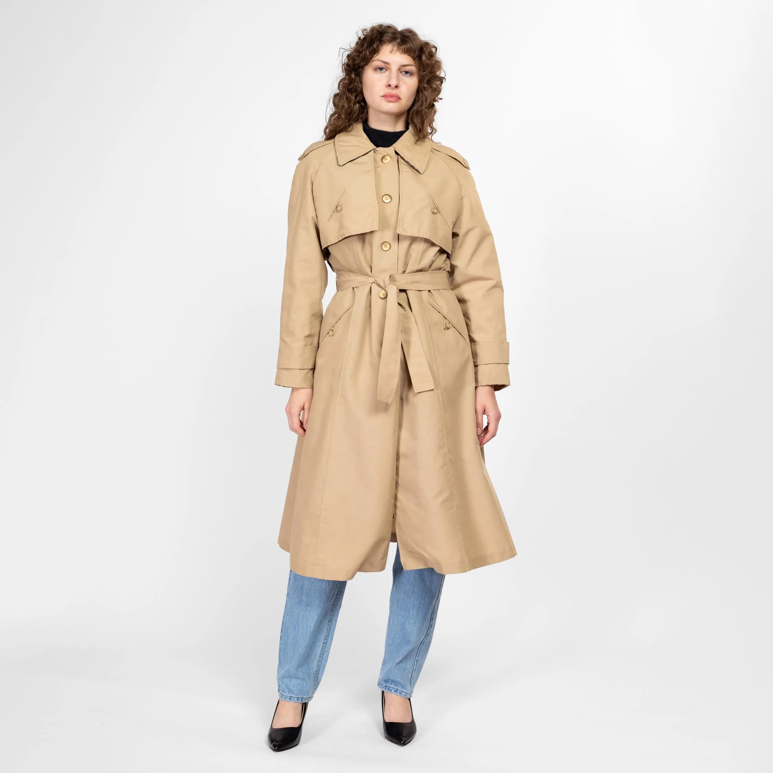 Medium 70s Khaki Belted Plaid Lined Trench Coat