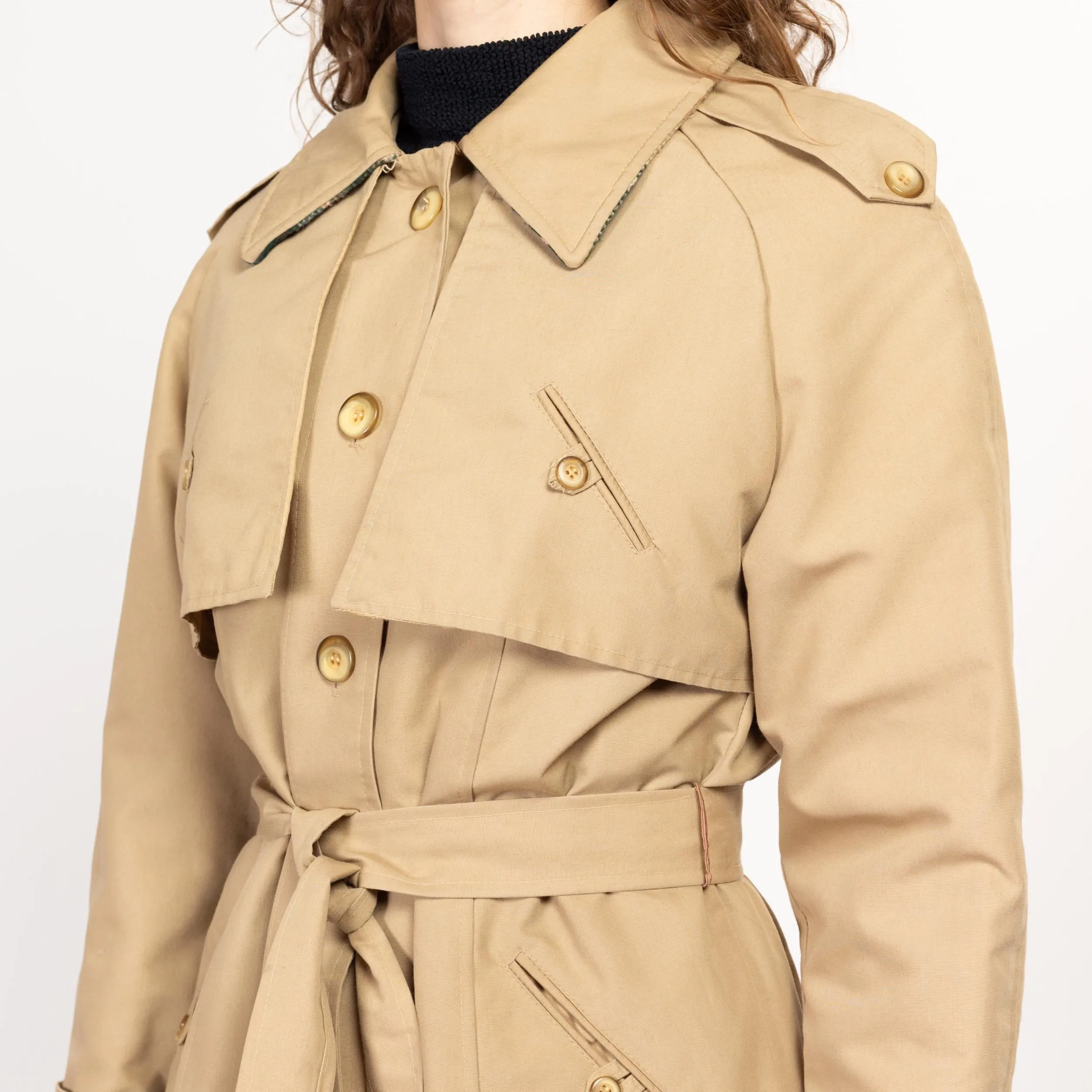 Medium 70s Khaki Belted Plaid Lined Trench Coat