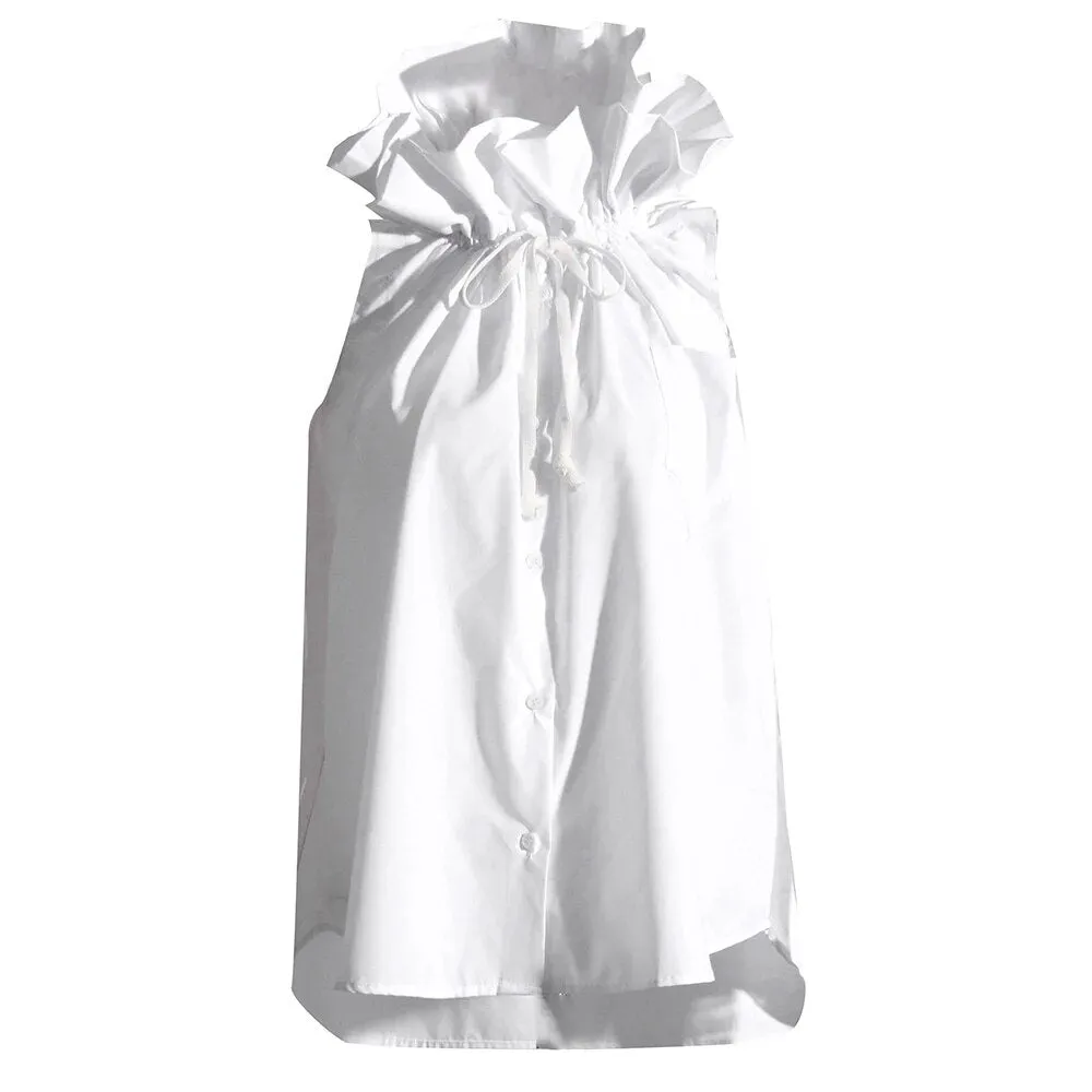 Minimalist Patchwork Ruched Blouses For Women High Neck Sleeveless Spliced Pocket Casual Blouse Female Clothing