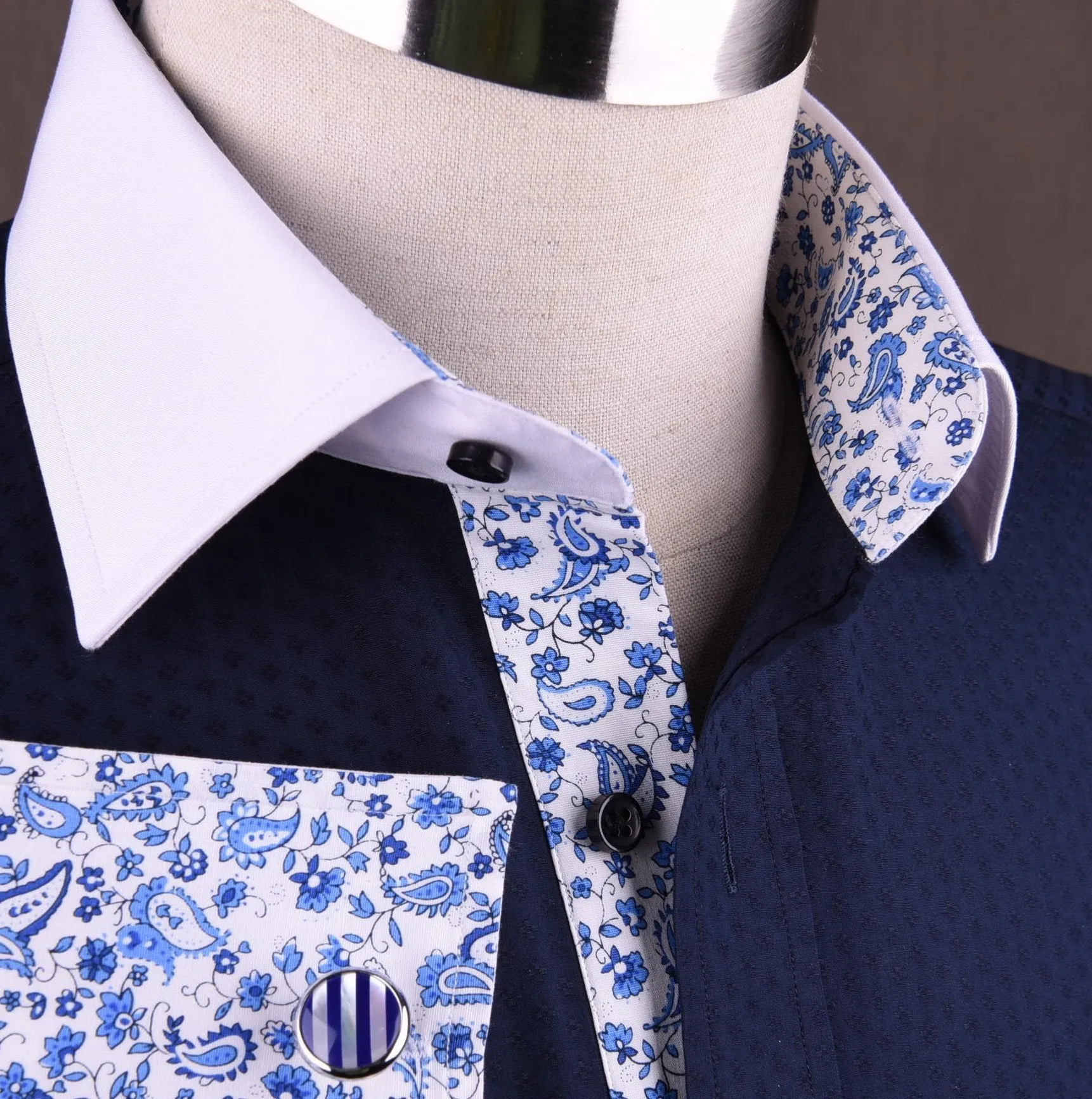 Navy Blue Diamond Stars Formal Business Dress Shirt White Collar and Cuff Blue Paisley Fashion