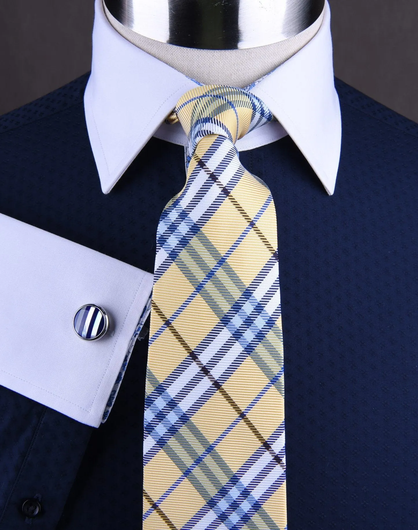 Navy Blue Diamond Stars Formal Business Dress Shirt White Collar and Cuff Blue Paisley Fashion