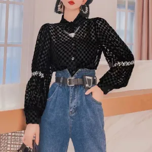 Patchwork Diamonds Shirt For Women Lapel Puff Sleeve Solid Minimalist Blouses Female Autumn Clothing Style