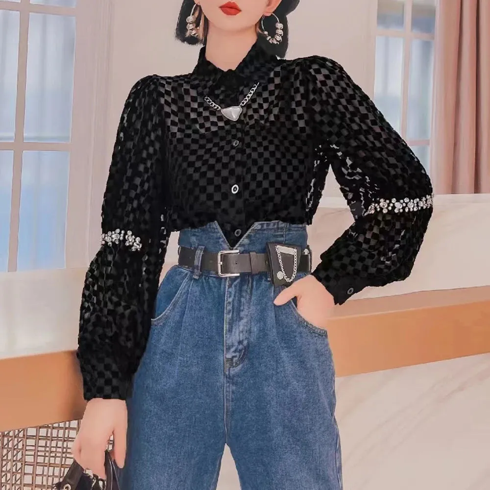 Patchwork Diamonds Shirt For Women Lapel Puff Sleeve Solid Minimalist Blouses Female Autumn Clothing Style