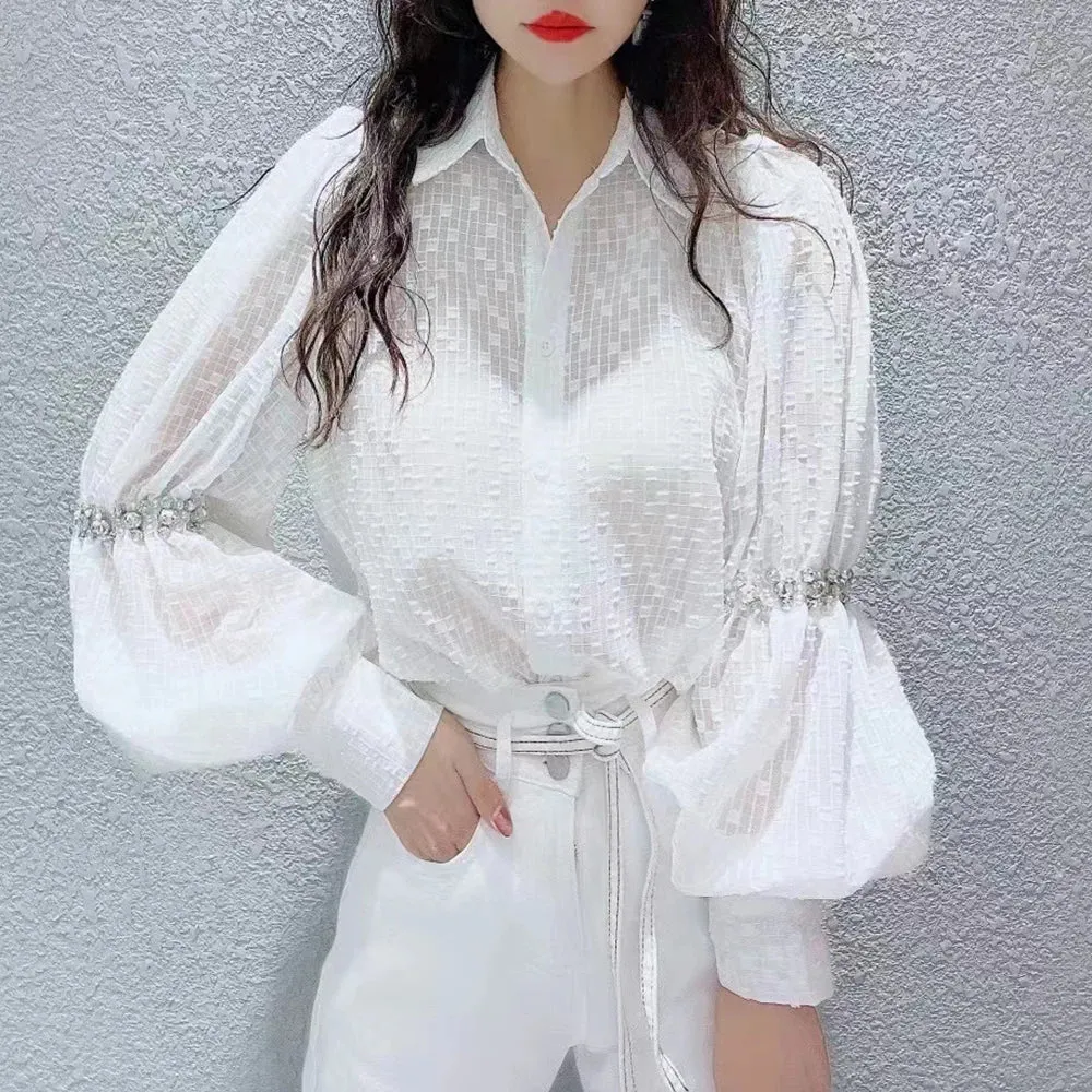 Patchwork Diamonds Shirt For Women Lapel Puff Sleeve Solid Minimalist Blouses Female Autumn Clothing Style
