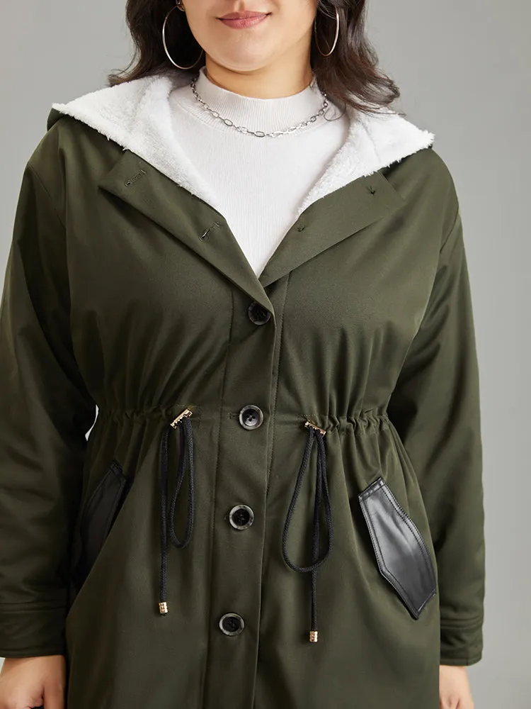 Patchwork Fuzzy PU Leather Drawstring Coat