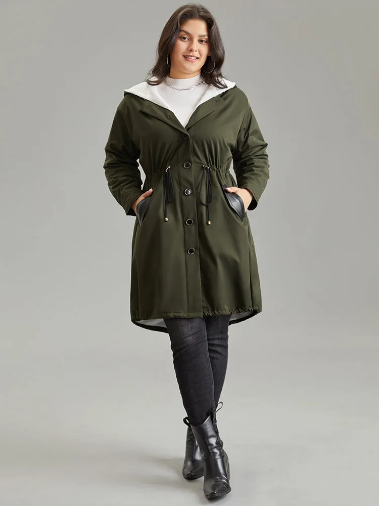 Patchwork Fuzzy PU Leather Drawstring Coat