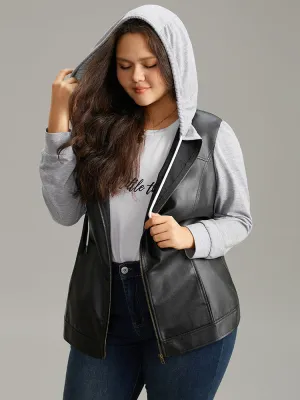 PU Leather Zipper Hooded Drawstring Jacket
