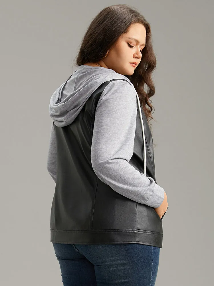 PU Leather Zipper Hooded Drawstring Jacket