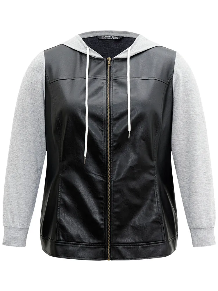 PU Leather Zipper Hooded Drawstring Jacket