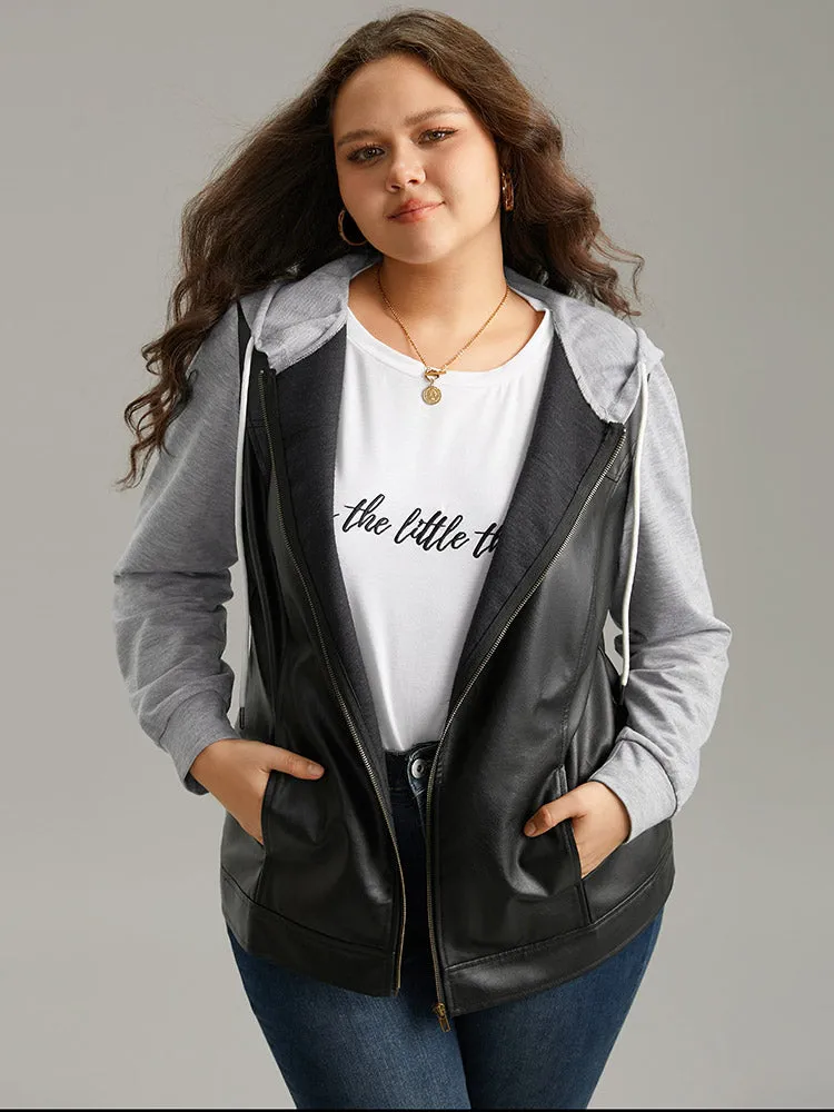 PU Leather Zipper Hooded Drawstring Jacket