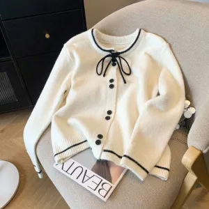 U.Z. Contrast Color Long Sleeve Crewneck Single Breasted Tied Knitted Cardigan Sweater: WHITE / One_size